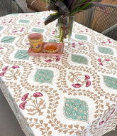 Pink Hibiscus on Gold Hand Block Rectangle  Table Cover / Cloth